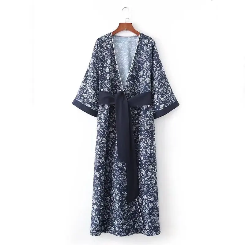

2018 Spring Europe And America WOMEN'S Dress V-neck Long Mixed Colors Floral-Print Cross Dress 18039
