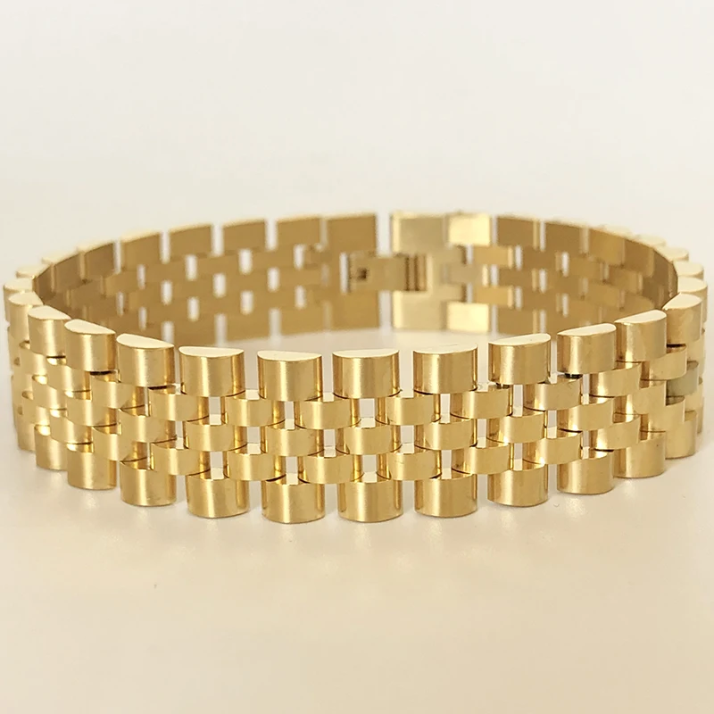 15MM Link Chain Men's Bracelet For Women Polished Gold Color