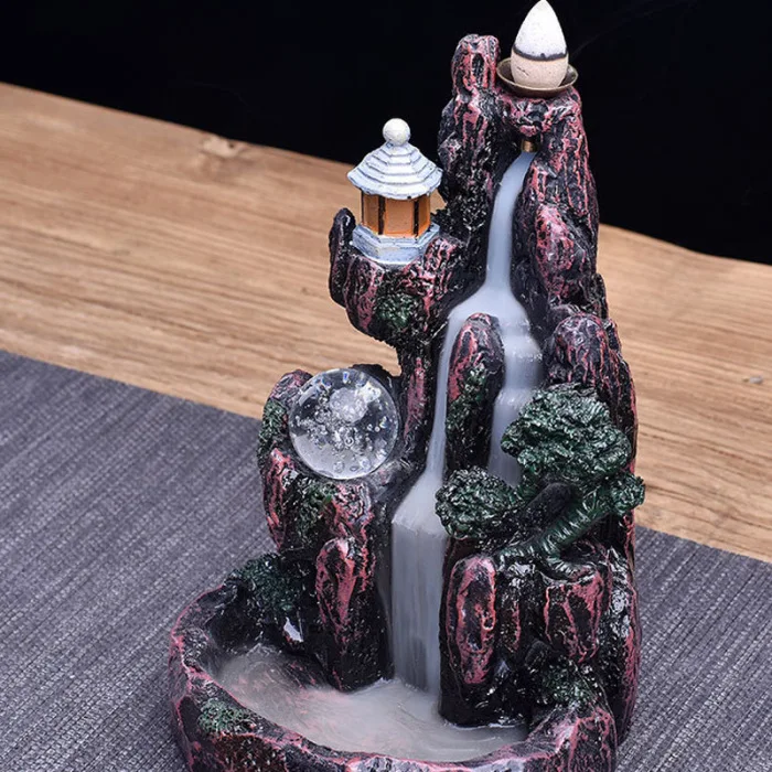 Waterfall Smoke Backflow Incense Holder LED Light Type Hotel Home Decor@LS