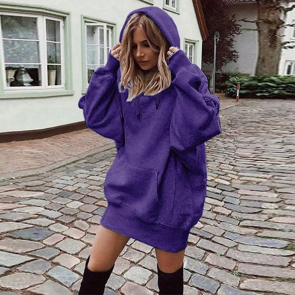 Solid Purple VIEUNSTA осеннее женское негабаритное платье с капюшоном, сексуальное мини-платье с длинным рукавом, повседневное Выходное платье с рукавом на шнуровке и карманом - Цвет: Solid Purple