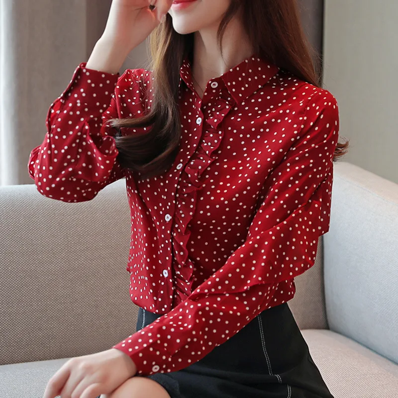 

Anqi Pull Western Style Autumn Very Fairy of Korean-style WOMEN'S Wear Loose Polka Dot Chiffon Blouse Tops Slimming Cardigan Shi