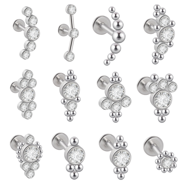G23 Titanium&Steel 16G Cz Labret Lip Ring Crystal Cluster Ear Cartilage Tragus Helix Earrings Piercing Screw Fit Top 16g