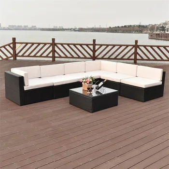 

7 pcs Patio Rattan Wicker Furniture Set Chaise Lounge Love Seat Steel Tube Construction Water Resistant Beach Chairs