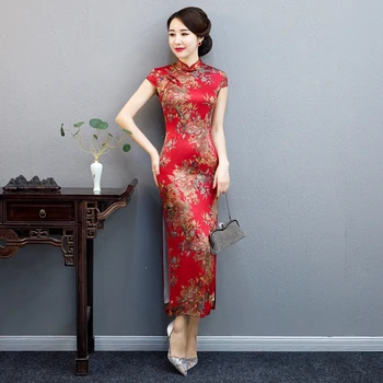 

Spring and summer Plus Size Women long cheongsam dress 2019 new improved dignified atmosphere retro old Shanghai catwalk costume