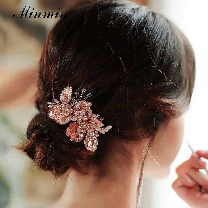 Minmin Rosegold свадебные аксессуары для волос в форме листа с кристаллами для женщин, роскошные расчески для волос ручной работы с искусственным жемчугом, модные украшения для волос для женщин, новинка, FS293