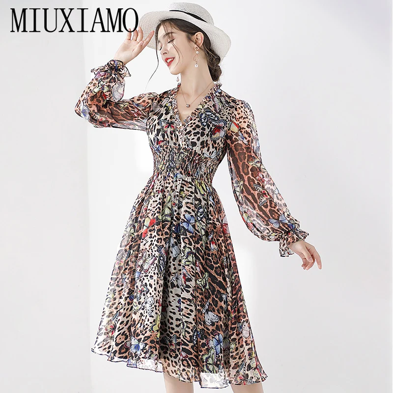 

MIUXIMAO 2019 Newest Spring & Fall Fashion V-neck Full Sleeve Butterfly Leopard Print Above Knee Dress Women Vestidos