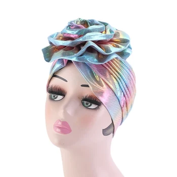

Fashion Hair Coloring Laser Turban Hearwrap Big Flower Headband Hat Wedding Party Hair Acessories Hijab Cap Muslim Bandans