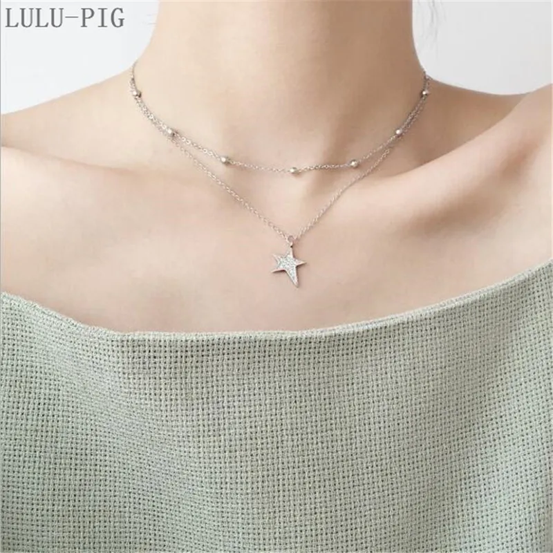 LULU-PIG, новинка, бонусы,, новые двойные бусины, звезда, серебро 925 пробы, ins, ожерелье для женщин, C084 - Окраска металла: silver