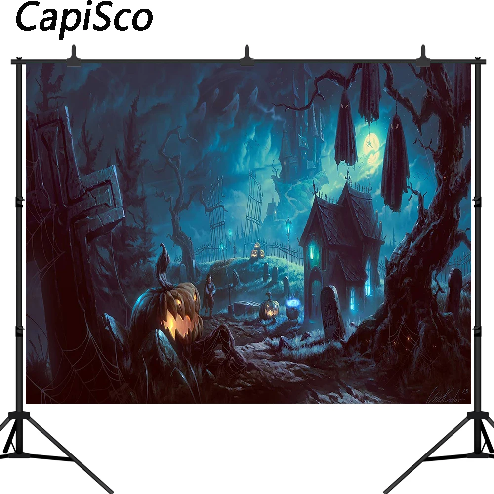 

Capisco Halloween Photography Backdrops Castle Pumpkin Bats Ghost Dark Cloud Lightning Photo Booth Prop Background for Party