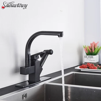 

Saeuwtowy Free Shipping Black Kitchen Faucet Pull Out 360 Rotating Faucet Basin Faucet Deck Installation Hot and Cold Water