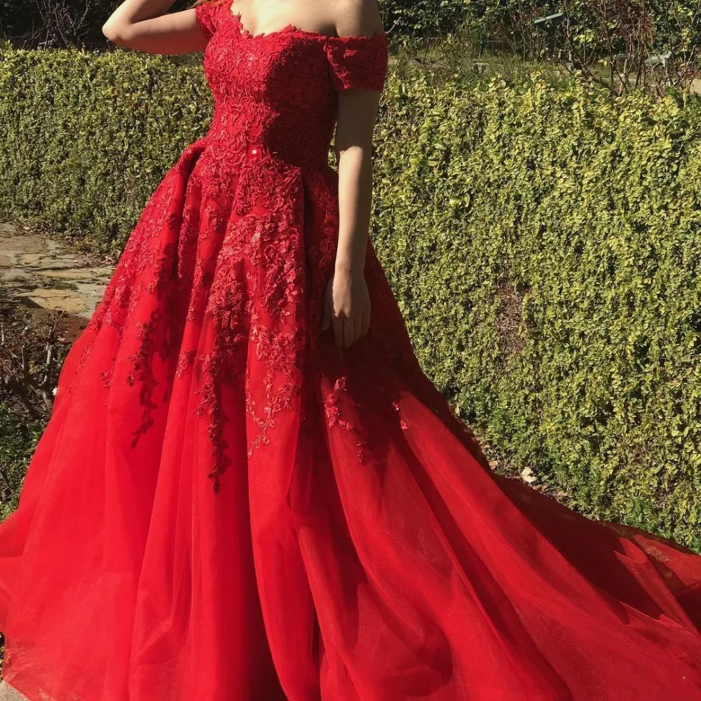 red-lace-evening-formal-gowns-a-line-off-shoulder-applique-tulle-court-train-tiered-elegant-prom-dresse   s-vestidos-de-fiesta