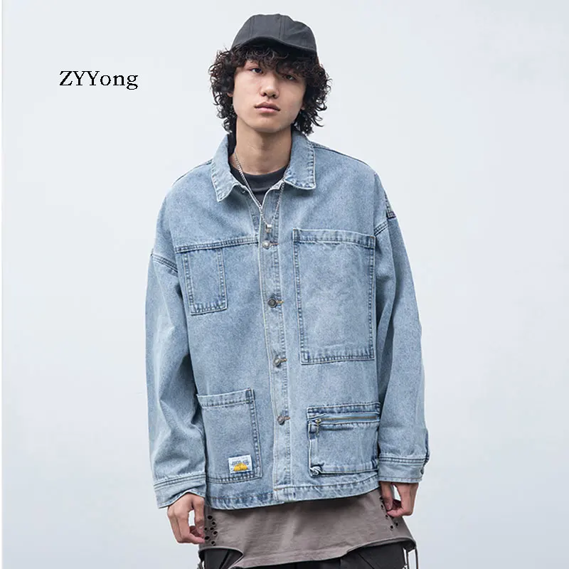 

2020 Spring New Hip Hop Plain Clothing New Two-Color Multi-Pocket Trendy Washed Loose Blue and Light Blue Denim Jacket
