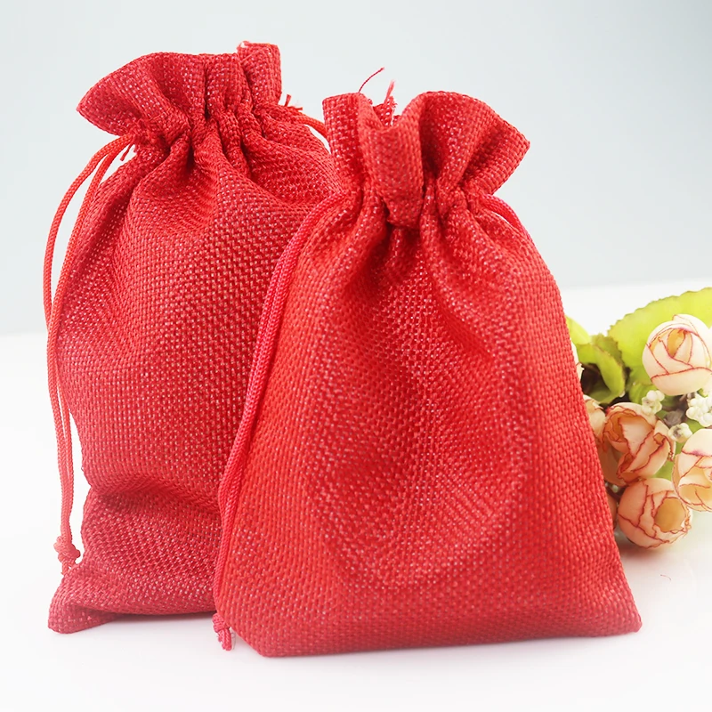 

Free Shipping 50pcs 14*20cm Red Jute Bags Drawstring Gift Bag Big Storage Linen Bag Favor Cosmetics Jewelry Packaging Bags