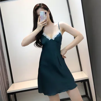 

Sexy Suspenders Deep V-neck Nightdress Female with Chest Pad Gathered Ice Silk Nightgowns Lace Backless Thin Soft Mini Dress