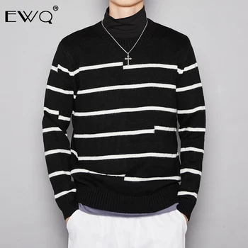 

EWQ / 2020 Recommend Men's Clothes Holes Irregular Black White Stripe Knitting Sweater Men's Round Collar Long Sleeve 19H-a102
