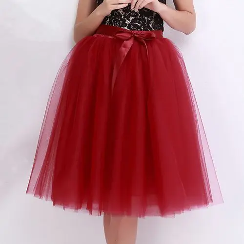 6Layers 65cm Fashion Tulle Skirt Pleated Tutu Skirts Women Lolita Petticoat Bridesmaids Sweet Party Midi Skirt Mini Skirt Dress red wine