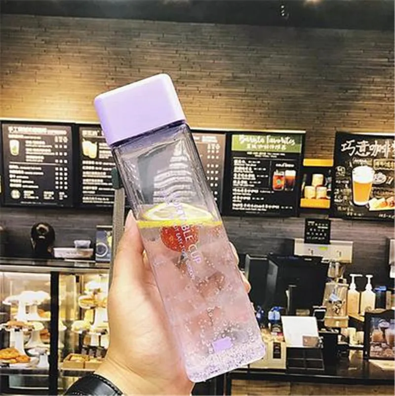 Новая квадратная матовая пластиковая бутылка для воды, портативная прозрачная бутылка для фруктового сока, Герметичная Бутылка для спорта на открытом воздухе, путешествий, кемпинга - Цвет: transparent purple