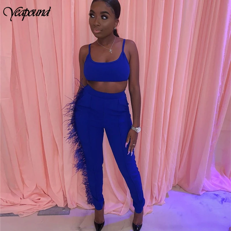 

Sexy Bodycon 2 Piece Outfits For Women Summer Clothes V Neck Strap Crop Top +Skinny Tassels Pant Beach Bohemian Matching Set