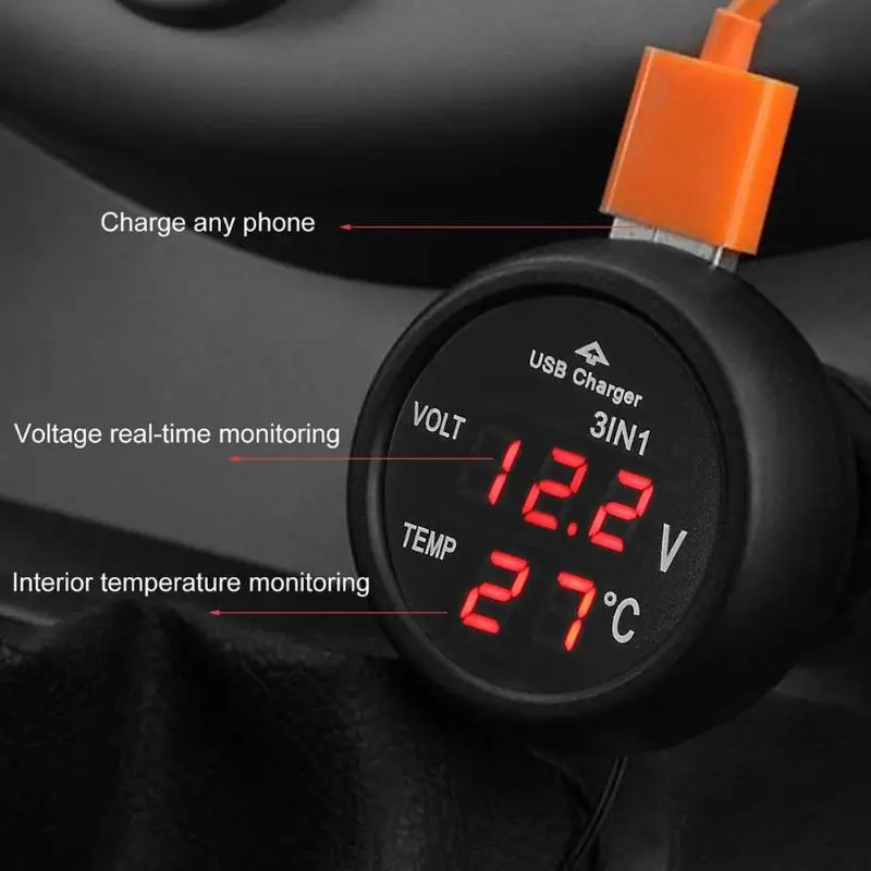 12V/24V Digital Meter Monitor 3 in 1 LED USB Car Charger Voltmeter Thermometer Car Battery Monitor LCD Digital Dual Display car charger