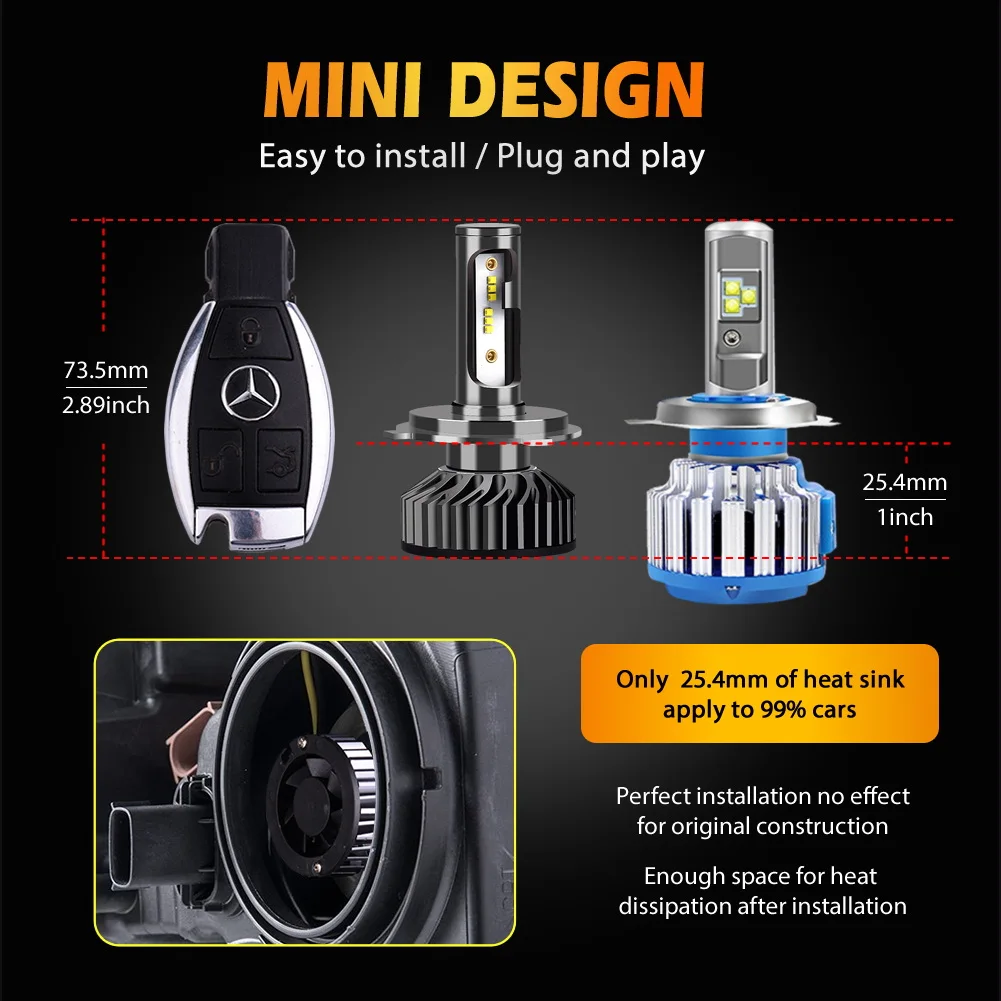 Hillpow мини-дизайн 72 Вт 8000lm IP67 Водонепроницаемый DC12V чипы ZES светодиодный H4 фары лампы H1 H3 9004 9005 9006 9007 H13 H7 светодиодный