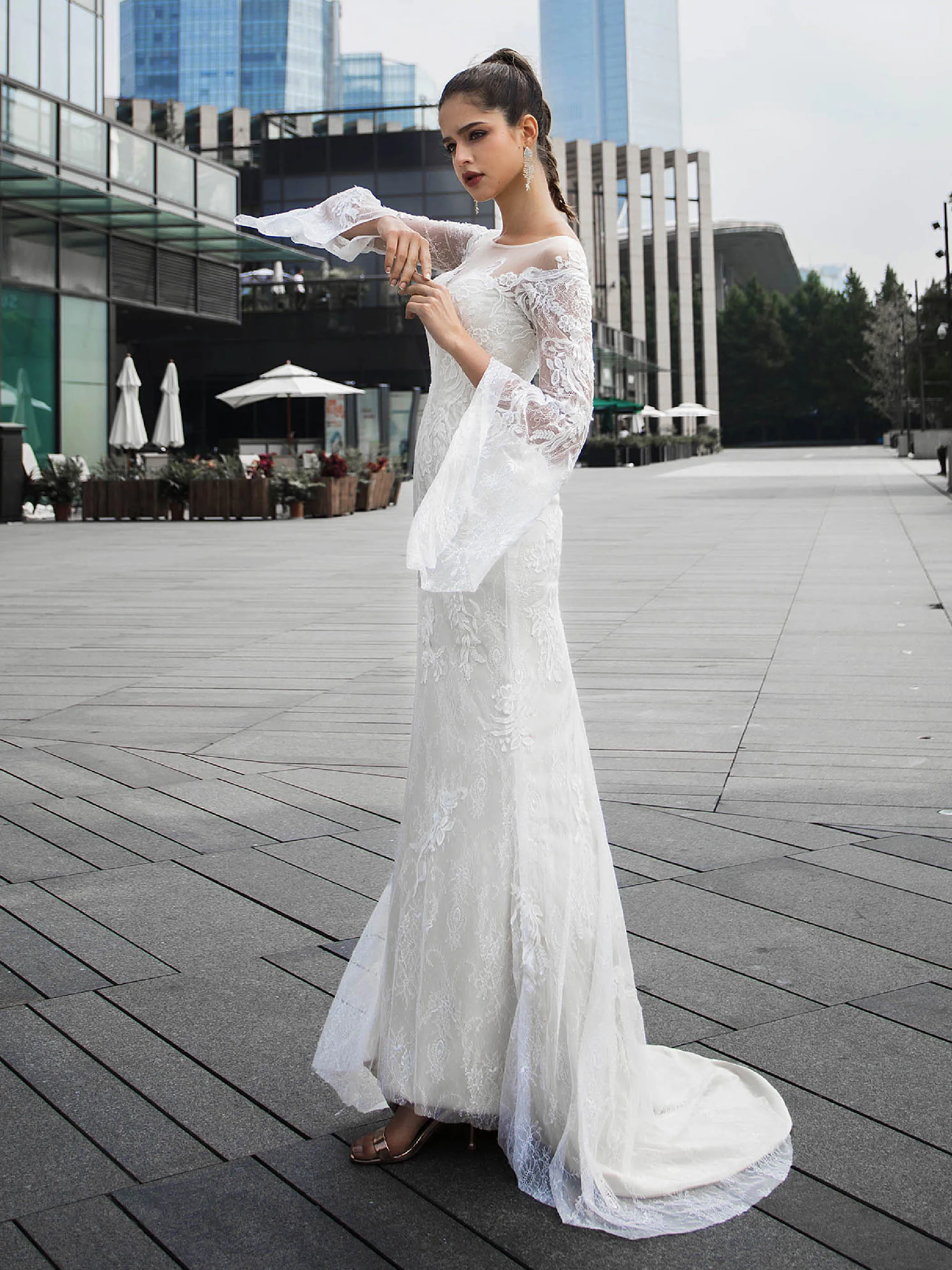 Dressv свадебное платье с овальным вырезом и длинными рукавами с аппликацией, кружевное свадебное платье со шлейфом для улицы и церкви, Элегантное свадебное платье на заказ