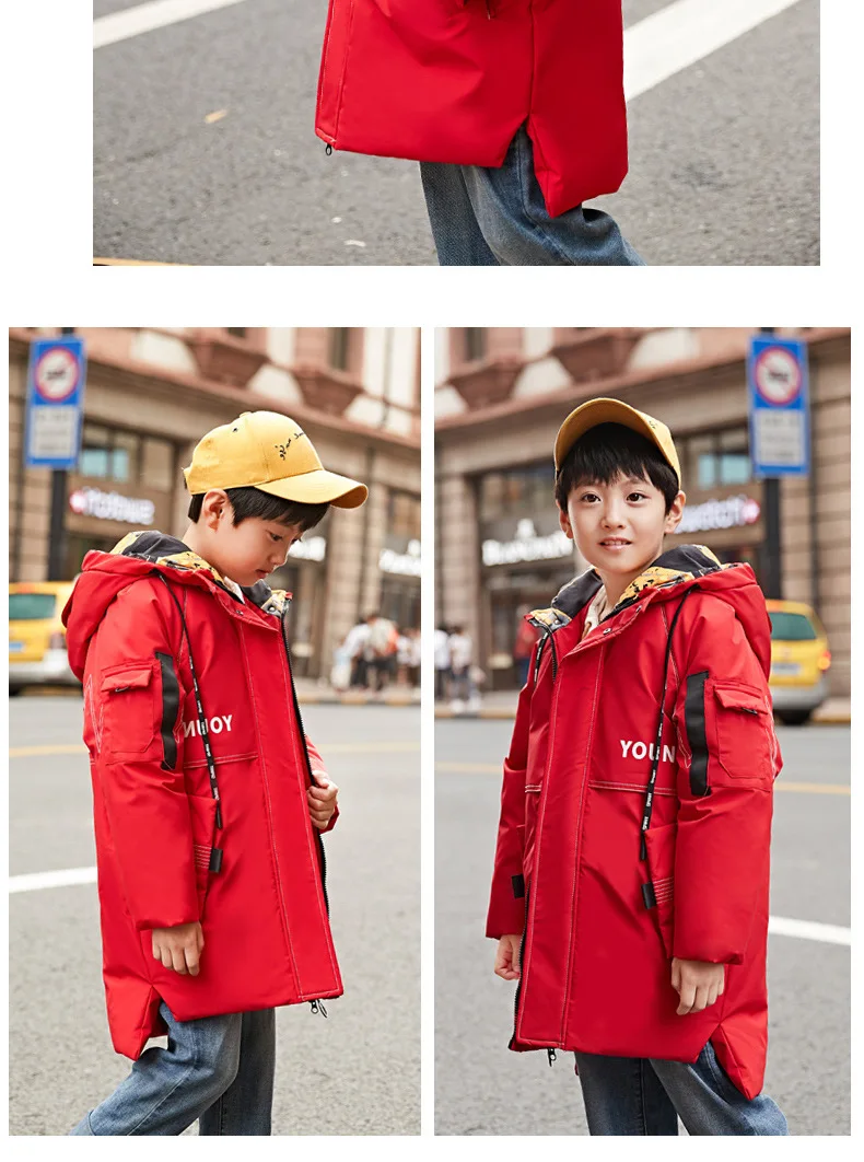 Пуховик для мальчиков, новое длинное зимнее плотное пальто с большим меховым воротником на белом утином пуху для детей, пальто для мальчиков, куртка для мальчиков, минус 30 градусов