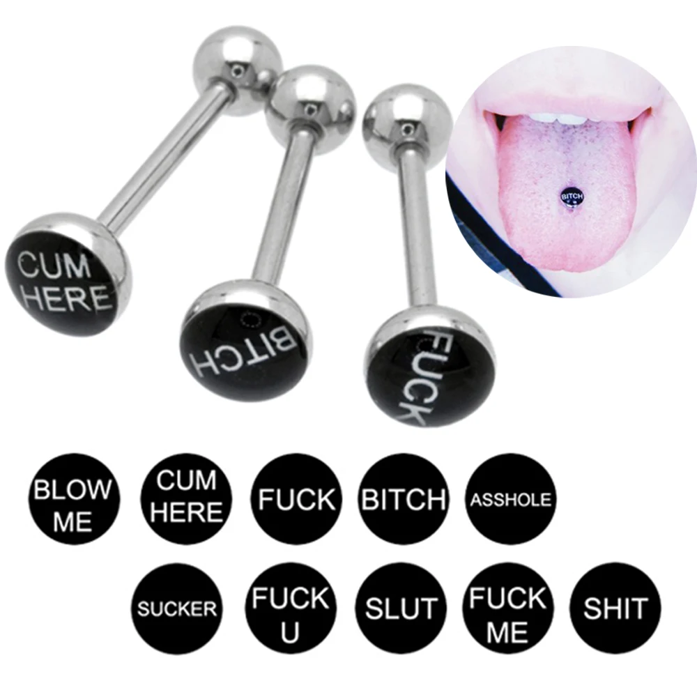 

HONGTU 1pc Different Epoxy Logo Dirty Bad Erotic Words Tongue Piercing Barbell Punk Women Tongue Bar Rings Sexy 16G Body Jewelry