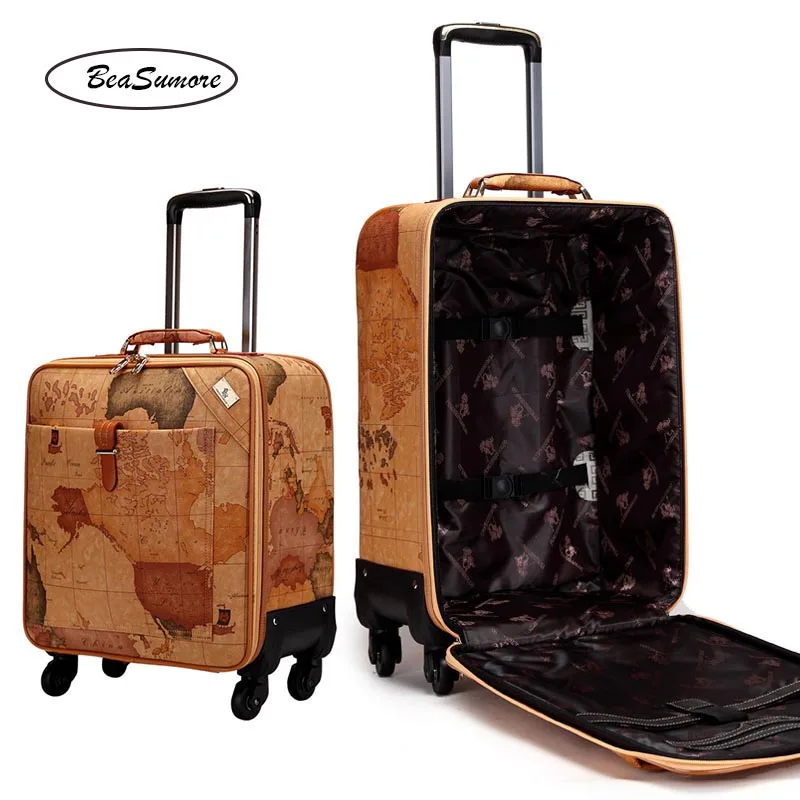 BeaSumore Fashion map PU Leather Rolling Luggage Spinner 24 inch Retro Wheel Suitcases 16/20 inch Men Cabin password Trolley