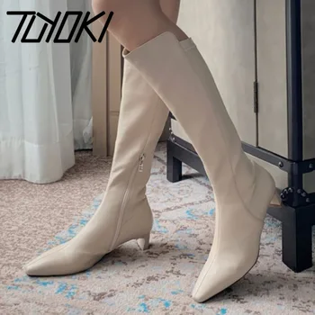 

Tuyoki Women Knee Boots Thick Heel Pointed Toe Zipper Shoes Winter Warm Shoes Fashion Women Party Footwear Size 33-40