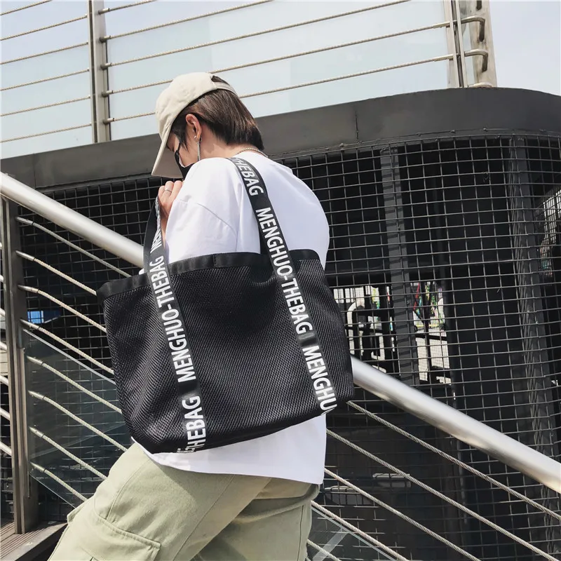 

2019 Summer New Style Mesh Bag Hong Kong Style Street Snap Versatile Lettered Big Bag Hand Shoulder Shopping Bag Large Capacity