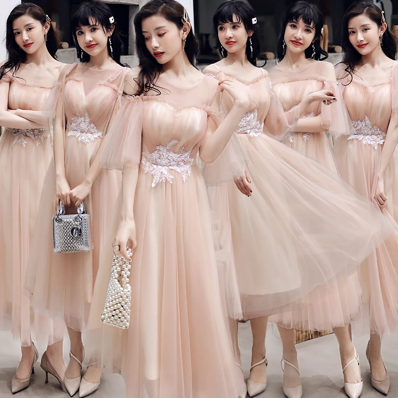 Bridesmaids Dresses Illusion A-Line O-Neck Pleat Off The Shoulder Embroidery Tulle Ankle-Length Women Wedding Party Gown E069