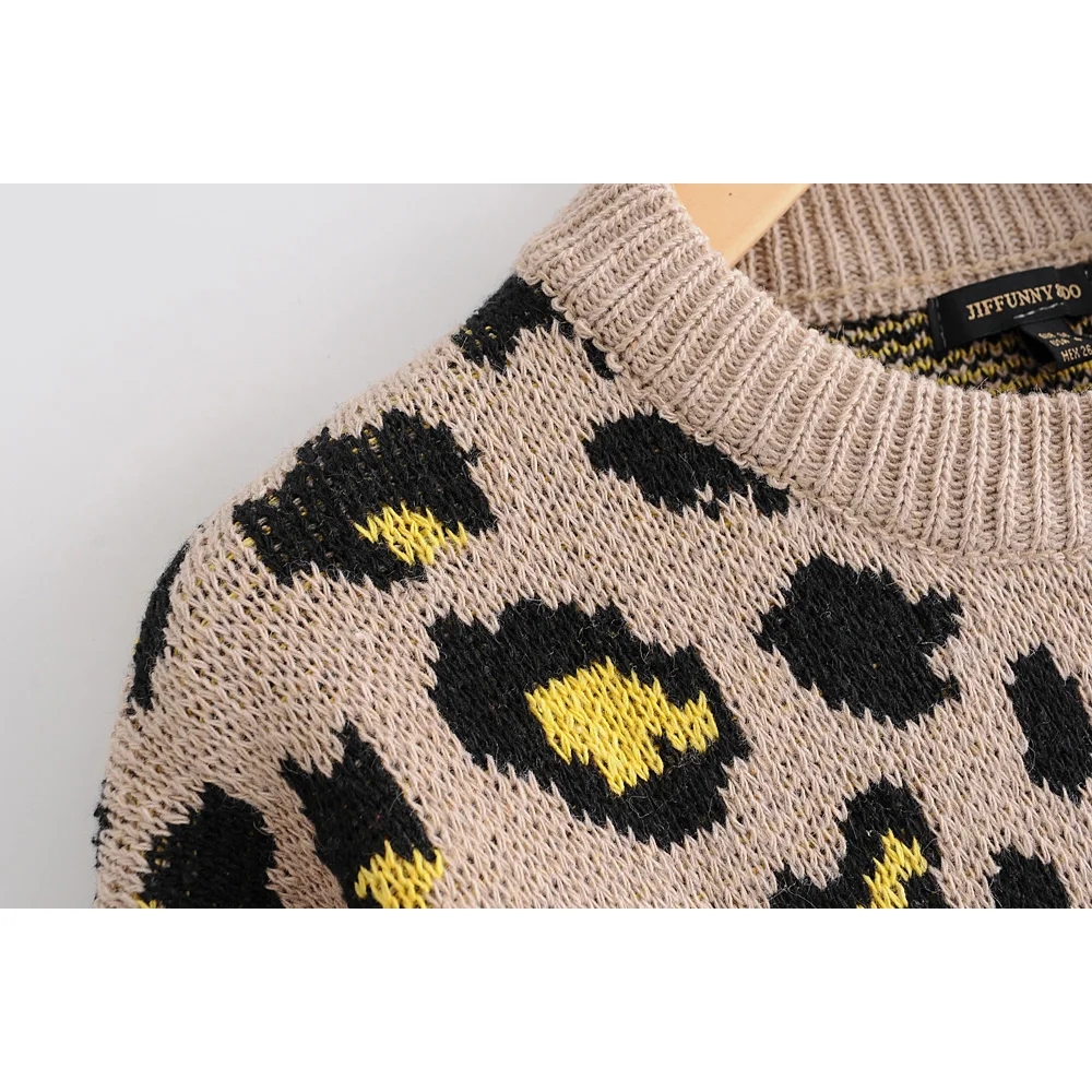 Модный женский свитер Za, осень, Леопардовый узор, круглый ворот, Повседневный, длинный рукав, свободный, вязанный, пуловеры, свитера, джемпер для девушек