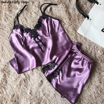 

2PCS Satin Sleepwear Women Pajamas Sets Tops Shorts Nightwear Sexy Silk Lace Pijama Summer Soft Cami комплект белья женского