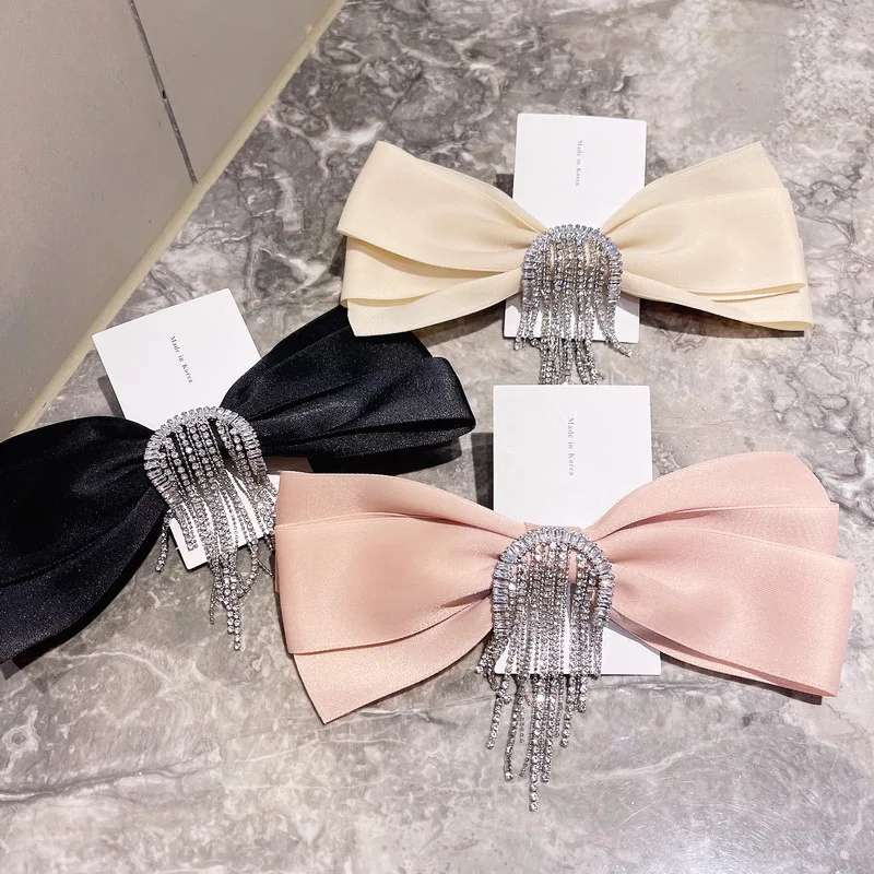 Rhinestone Bowknot Bow Hairpins Crystal Chain Tassel Snap Hair Clip Pin for Women Girls Hairgrip Luxury Jewelry Hair Accessories