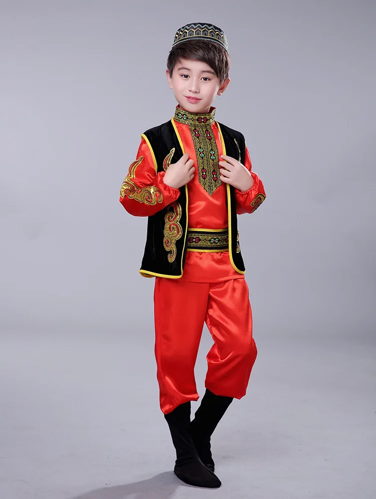 Traje de baile de estilo musulmán para niños, traje musulmán rojo para espectáculo árabe, regalo para niños