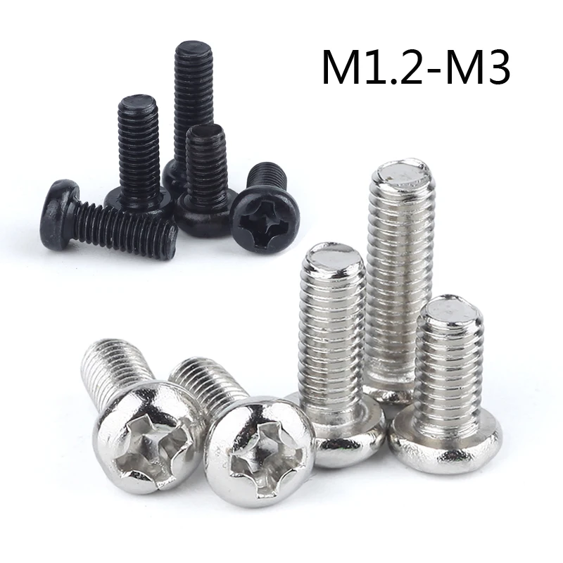 

50X M1 M1.2 M1.4 M1.6 M2 M2.5 M3 M4 Mini Micro Small Light Black A2 304 Stainless steel Cross Phillips Pan Head Screw Round Bolt