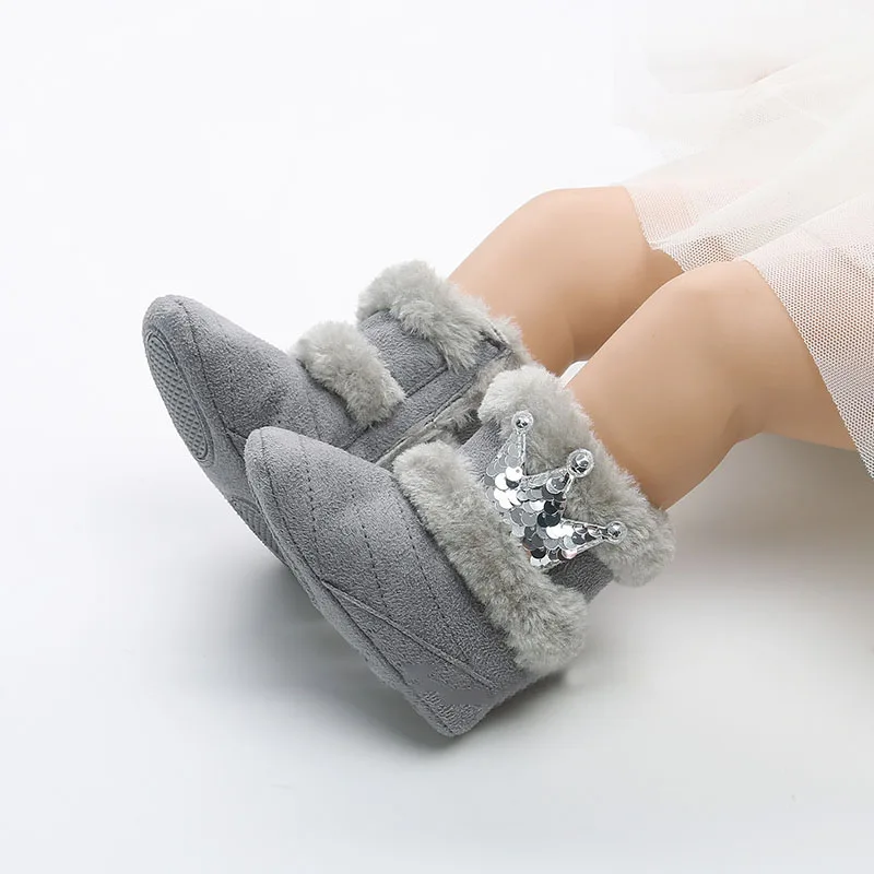 Silver Gray Детская обувь для малышей; обувь для мальчиков и девочек; зимние теплые ботинки с короной; детские ботинки с высоким голенищем на липучке; Зимние Повседневные утепленные хлопковые ботинки - Цвет: Silver Gray