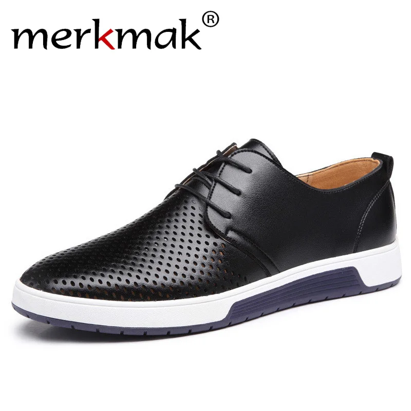 Online Merkmak Nuovo 2019 Uomini casual Scarpe di Cuoio di Estate Traspirante Fori di Lusso di Marca Scarpe Basse per Gli Uomini Trasporto di Goccia
