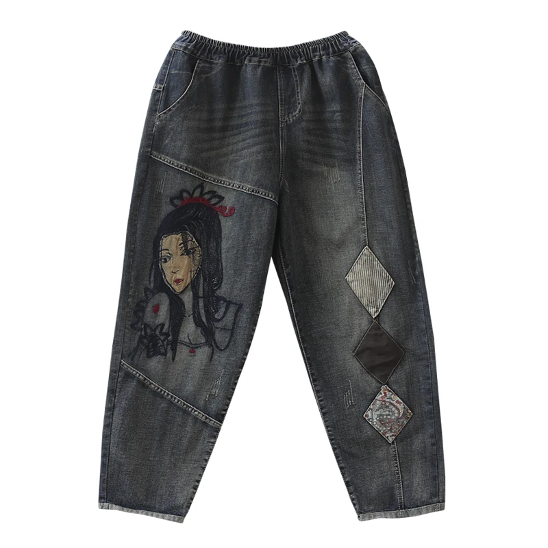 New style jeans for women Embroidery Patchwork Elastic waist trousers female Vintage retro denim jeans with pocket Z4
