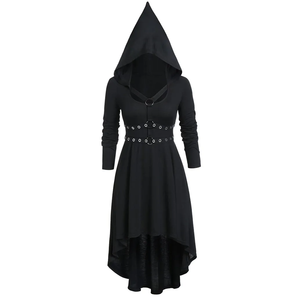 Готическое женское платье крест-накрест с ушками в стиле Харадзюку, черное платье с капюшоном, гранж, осень, длинный рукав, а-силуэт, сексуальное, панк-рок