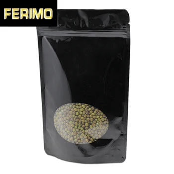 

50Pcs Stand Up Glossy Black Pure Aluminum Foil Zip Lock Package Bag with Round Clear Window for Food Snack Storage Mylar Pouch