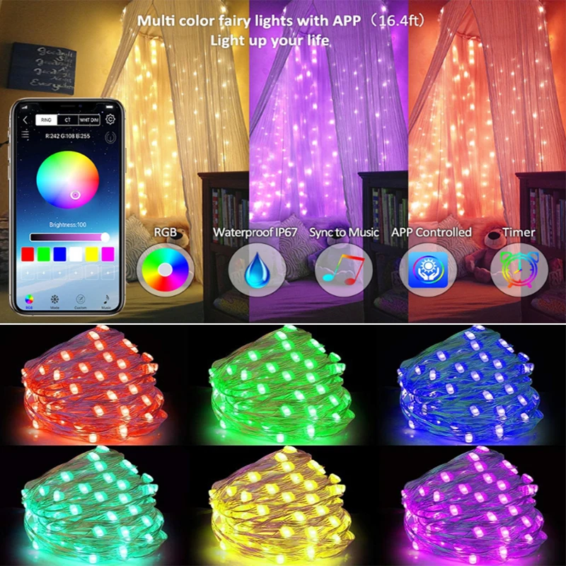 Smart Bluetooth Control RGB LED Fairy String Light Waterproof Indoor Outdoor US