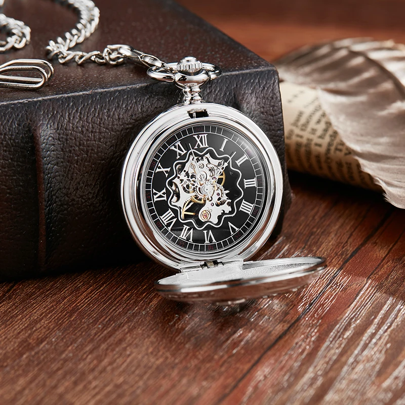 Roman Numeral Doctor Nurse Mechanical Pocket Watch Sliver Skeleton Dial Male Animal Bird Fob Chain Clock for Men Dropshipping