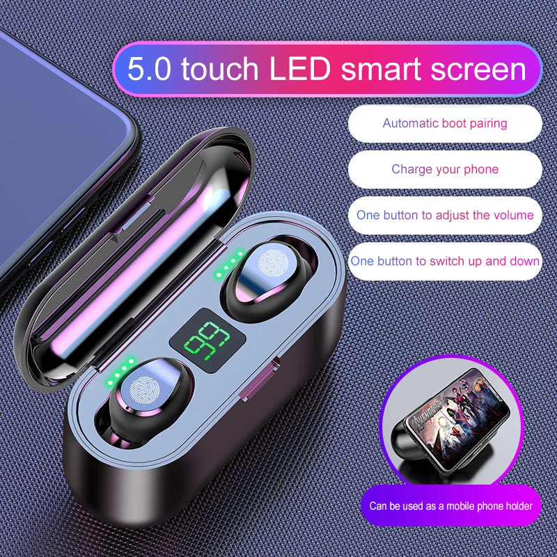 Wireless Earphone Bluetooth 5 0 TWS Headset With Mic 2000mAh Power Bank for iPhone Huawei Samsung F9 Waterproof Wireless Earbuds