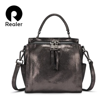 

REALER genuine leather handbags women shoulder crossbody bags small totes ladies classic serpentine pattern leather bucket bag