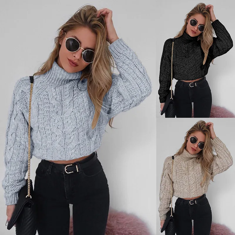 

Turtleneck Knitwear Sweater Women's Pullover 2020 Sweater Women's Short Long Sleeve High Neck Sexy Navel Knit Sweater Female