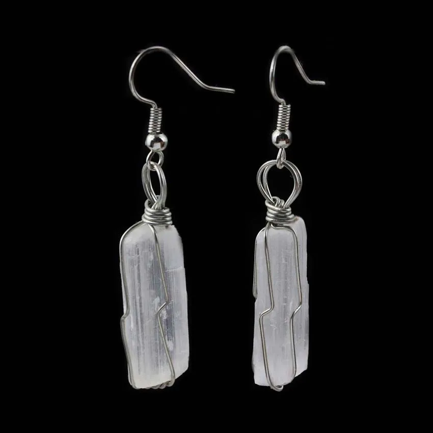 

KFT Natural Raw Selenite Healing Quartz Crystal Copper Wire Wraped White Color Selenite Stone Dangle Hook Earring Women Girls