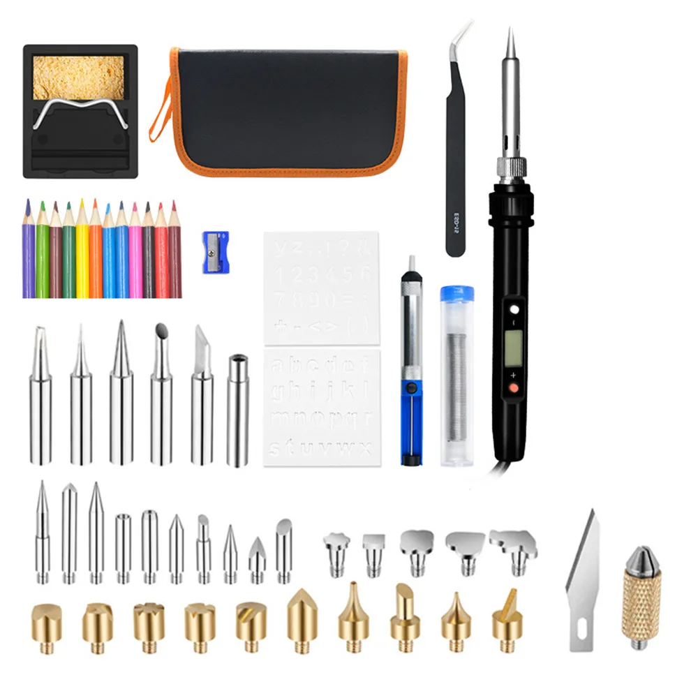 54PCS Wood Burning Kit Welding Tips Set Adjustable Temperature Pyrography Pen Various Wood Embossing/Carving/Soldering EU Plug