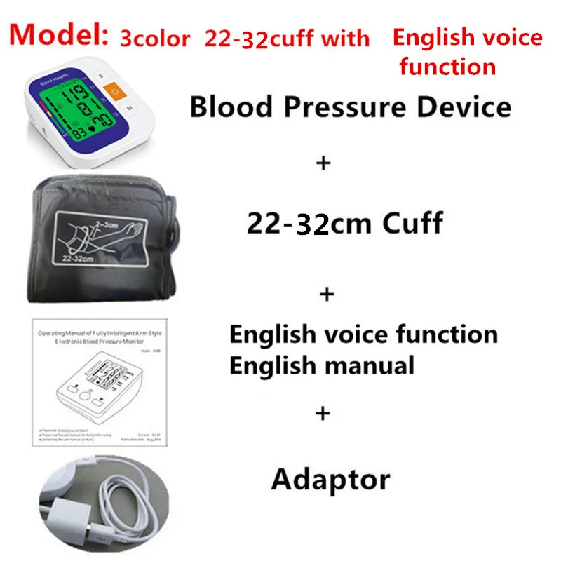 3colorenvoice22-32 Saint Health Английский Голос с подсветкой цифровой измеритель артериального давления в верхней части руки Пульс ритм BP монитор тонометр Сфигмоманометры - Цвет: 3colorenvoice22-32