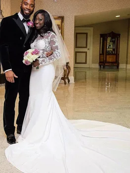 

Weilinsha Sexy See-thourgh Mermaid Wedding Dress Long Sleeves O Neck Lace Applique Bridal Dresses Long Train Wedding Gown
